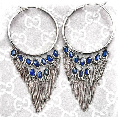 GUCCI 925 Silver Chandelier Hoop Earrings Navy Blue Stone Fringe Chain 9.5cm