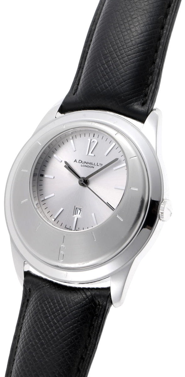 Dunhill Eccentric DQV210AL Quartz Watch Silver Dial SS Black Leather Swiss Used