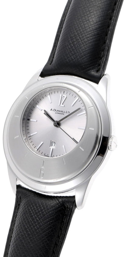 Dunhill Eccentric DQV210AL Quartz Watch Silver Dial SS Black Leather Swiss Used