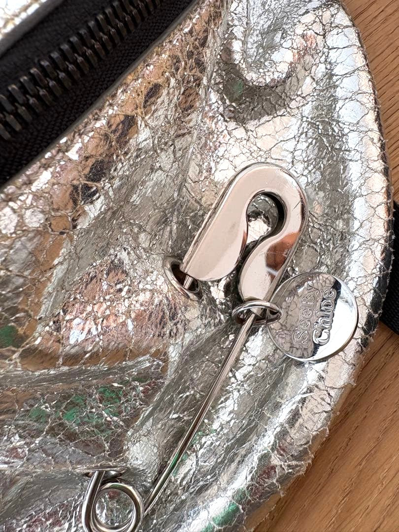 SEE BY CHLOE Belt Bag Fanny Pack Silver Crinkle Leather Safety Pin HW 11x5.9in.