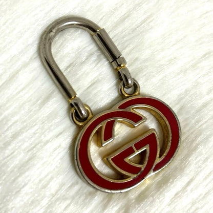 Gucci Auth Old Gucci Double G Logo Red Gold Keychain Bag Charm Key Ring Used