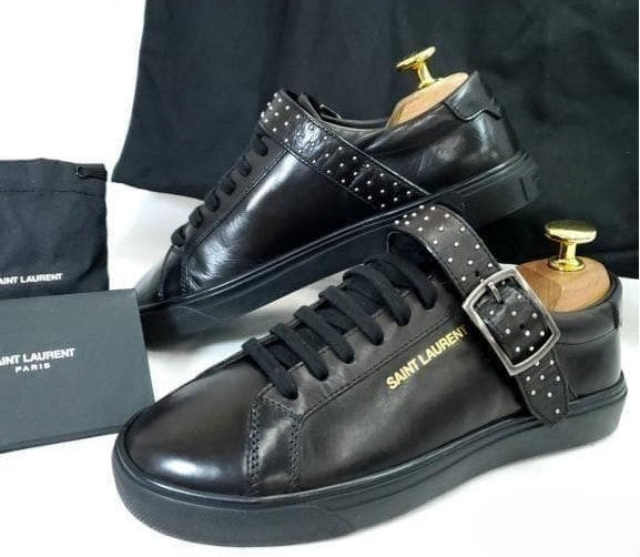 Saint Laurent Black Leather Studded Buckle Strap Sneakers EU 34 US 4.5 Unused