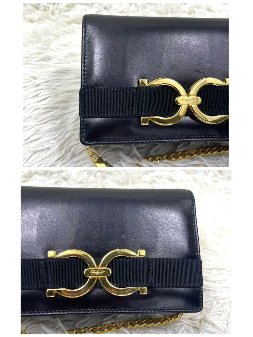 Salvatore Ferragamo Gancini Gold Chain Shoulder Bag Leather Purse Authentic