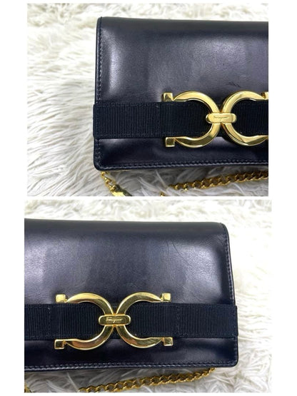 Salvatore Ferragamo Gancini Gold Chain Shoulder Bag Leather Purse Authentic