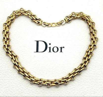 CHRISTIAN DIOR Gold Plated Chain Link Necklace Choker Vintage Used Excellent