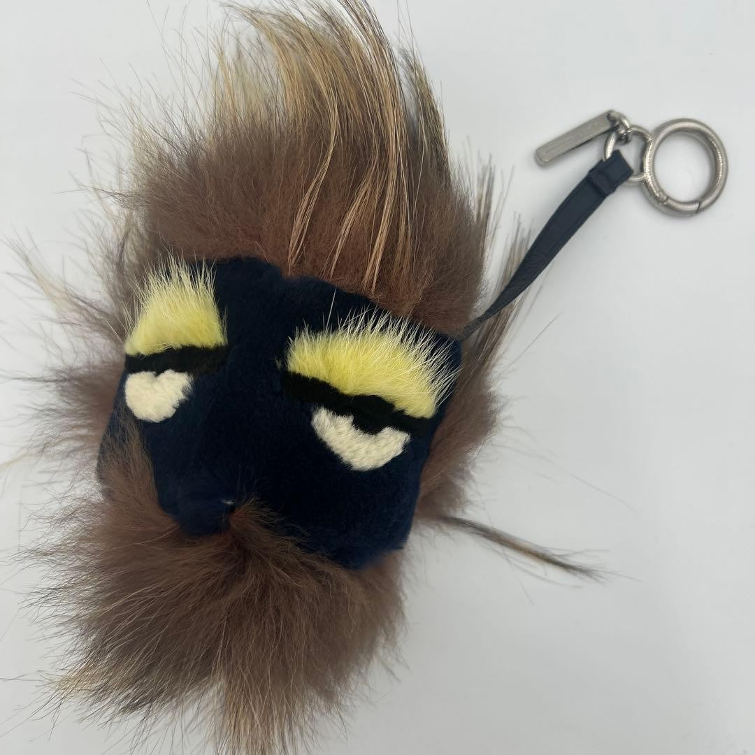 FENDI Bag Bugs Eye Monster Fur Charm Key Chain Black Brown Yellow Authentic