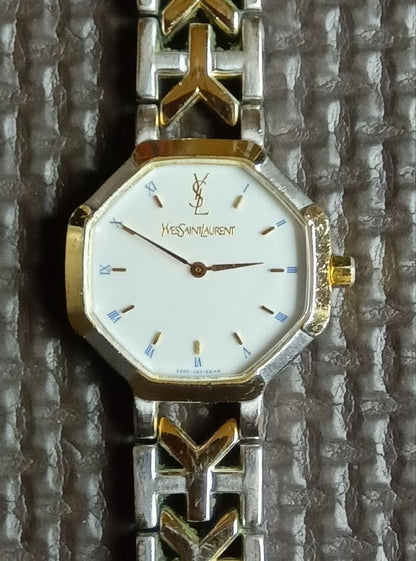 Yves Saint Laurent YSL Octagon Ladies Quartz Watch Gold Silver SS GP Japan VTG