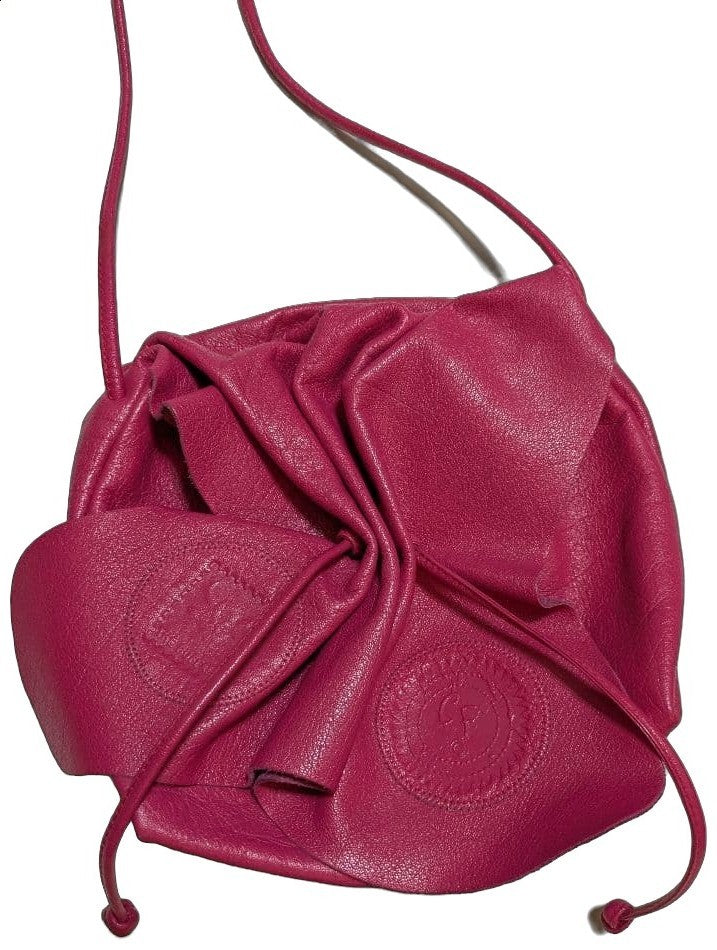 Carlos Falchi Buffalo Leather Bucket Shoulder Bag Pink Drawstring Made in USA