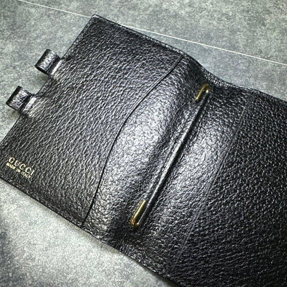 GUCCI Mini Notebook Memo Pad Cover Case Black Leather Pen Loop 8x10.5cm Vintage