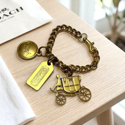 COACH Horse & Carriage Bag Charm Keychain Gold Tone Brass Chain Bracelet Style