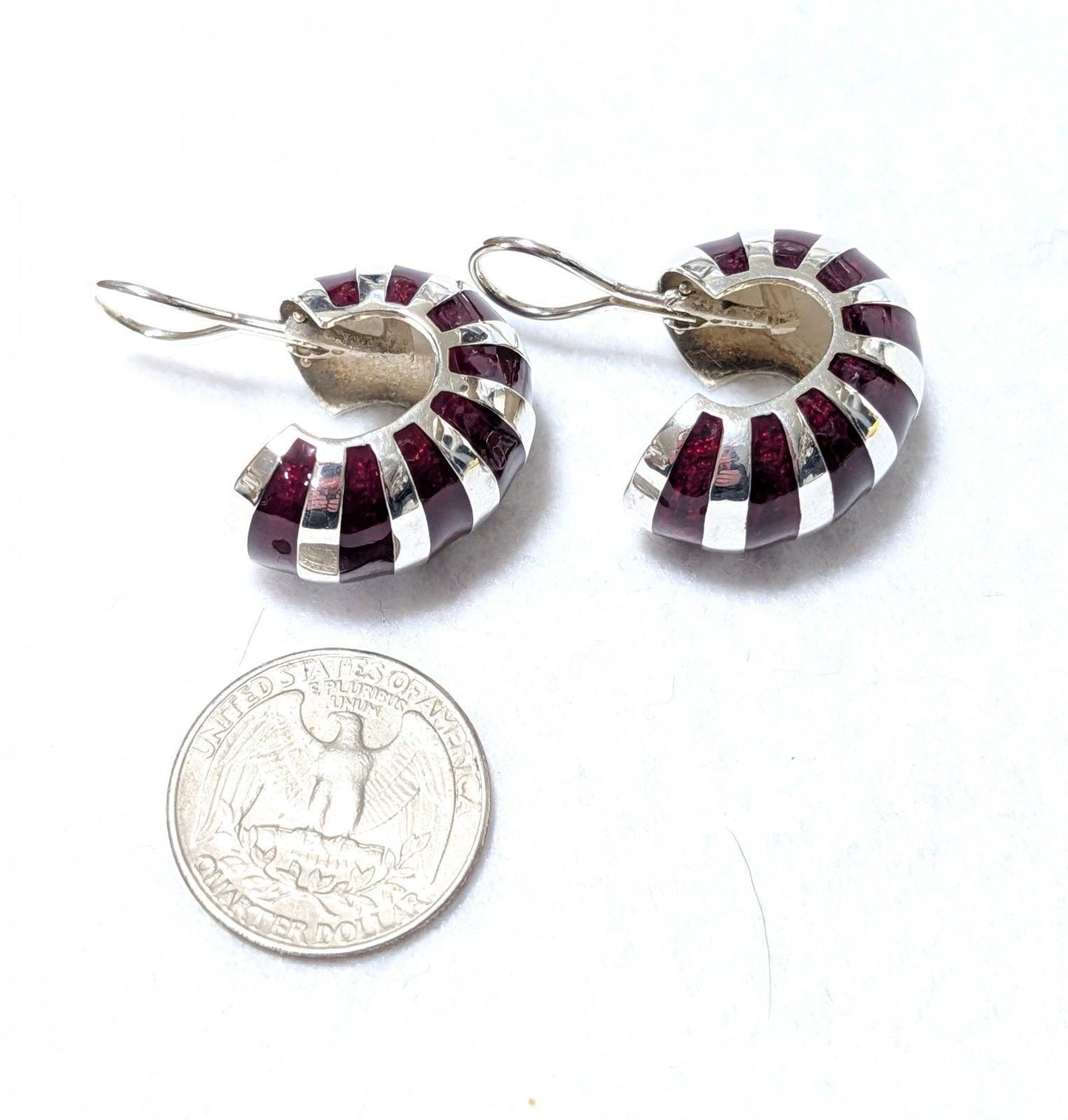 Tiffany & Co. 925 Sterling Silver Red Enamel Shell Shrimp Hoop Clip On Earrings