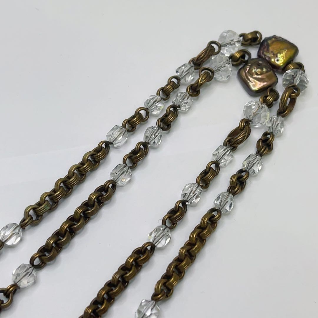 Vintage Stephen Dweck Bronze Pearl Crystal Long Toggle Necklace Used Japan