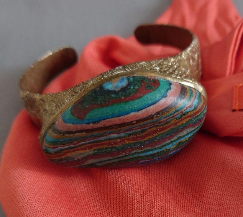 Stephen Dweck Bronze Rare Stone Rainbow Calsilica Bangle Length 7.5" 19cm Used
