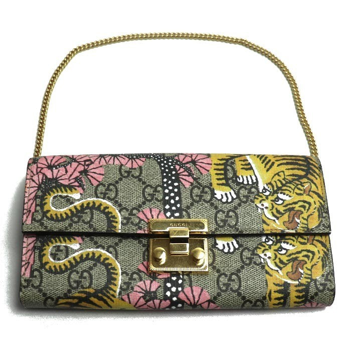 Gucci Auth 453506 GG Supreme Chain Wallet Bengal Tiger Cherry Blossom 19x10x3cm