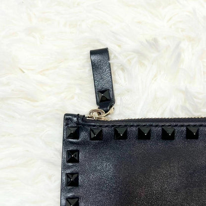 VALENTINO Garavani Rock Stud Black White Leather Clutch Hand Bag Excellent