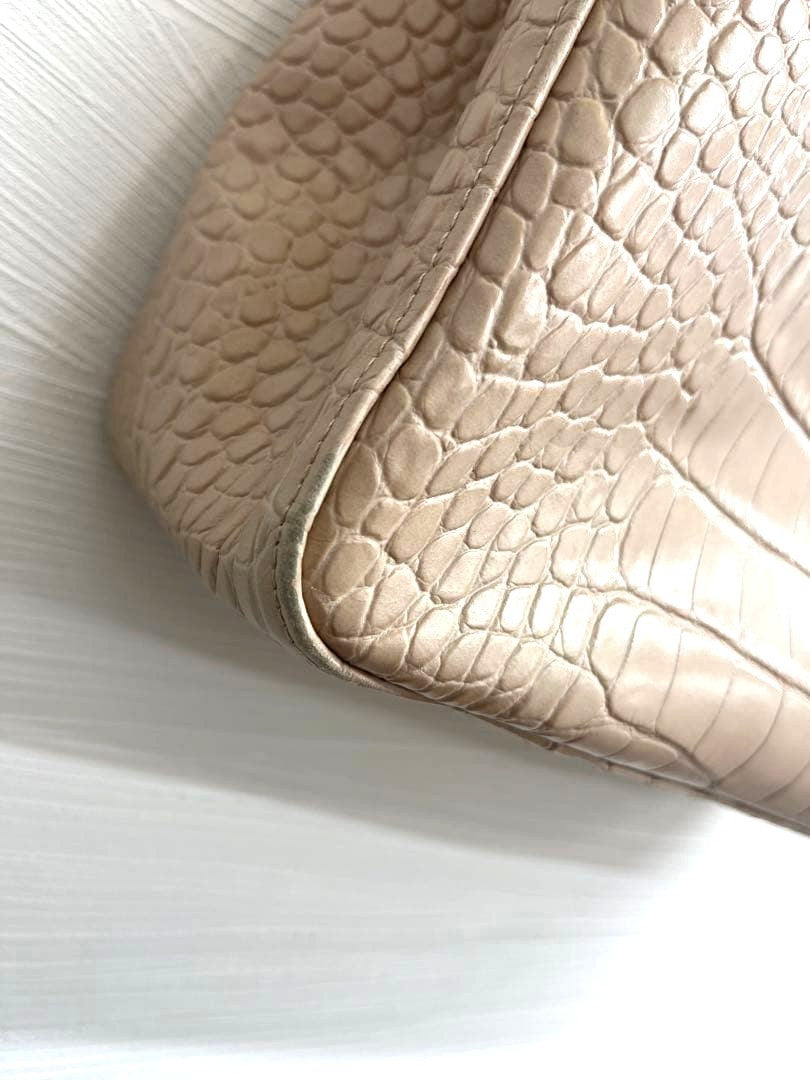 LONGCHAMP Roseau Tote Bag Beige Embossed Leather Shoulder Handbag 13.8x10.2x4.3"
