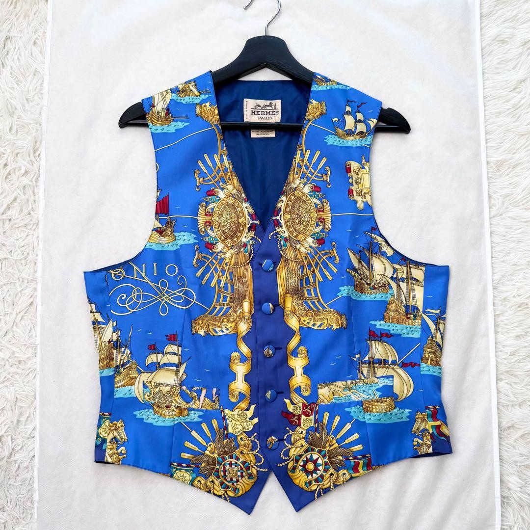 Hermes Auth Vtg Voiles et Galons Silk Scarf Print Vest Blue Size 50 Used