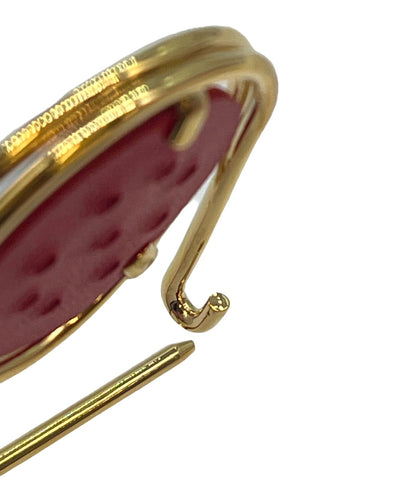 LOEWE Mecano Pin Brooch Red Leather Gold Hardware Round Safety Pin Spain Logo