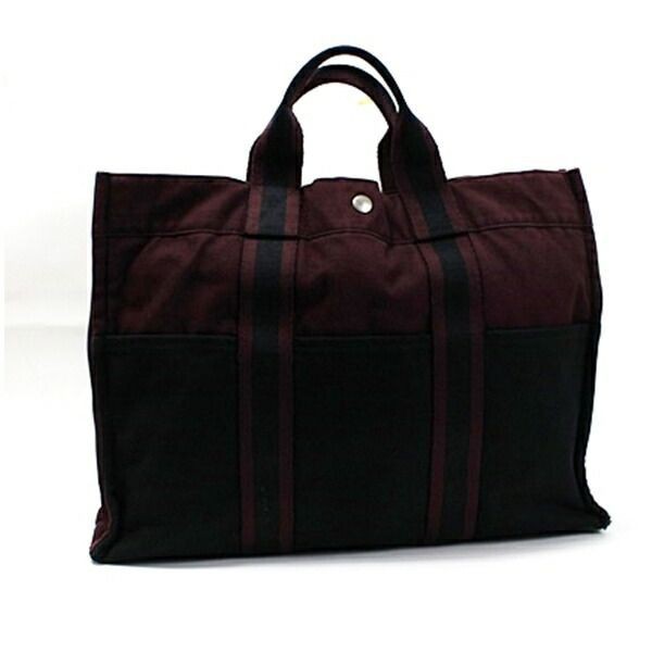 Hermes Authentic Fourre Tout MM Canvas Tote Bag Black Wine Red 43x30x9 cm Used