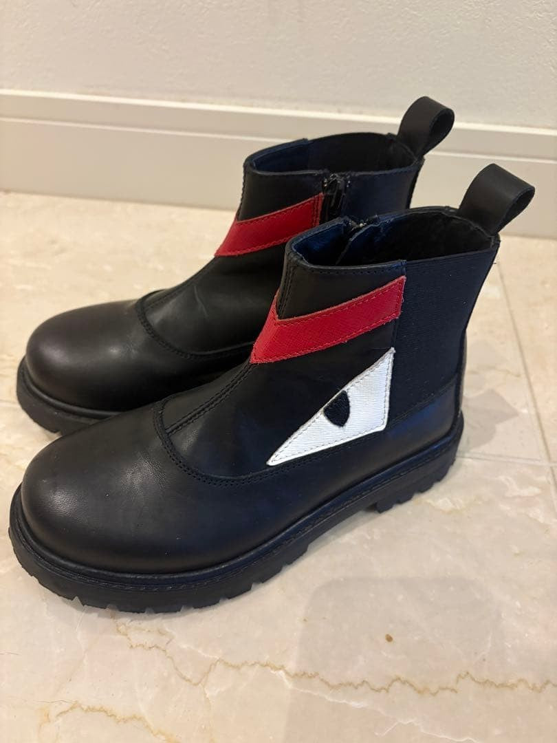 Authentic Fendi Kids Black Leather Monster Boots Size 31 US 3 Used