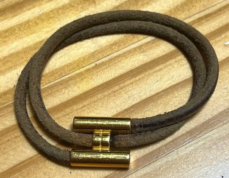 HERMES Tourni Double Tour Bracelet Brown Leather Gold Hardware Used Vintage