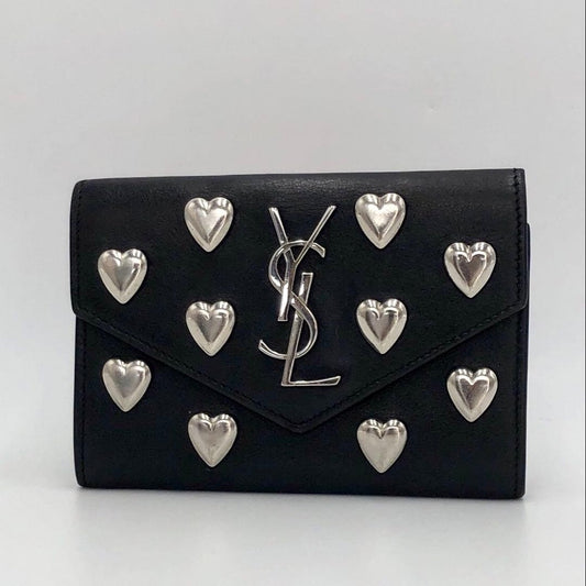 Saint Laurent Black Leather YSL Cassandra Logo Heart Studded Card Fragment Case