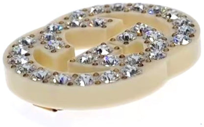 GUCCI Interlocking G Hair Clip Barrette Cream Crystal Gold HW Italy Authentic