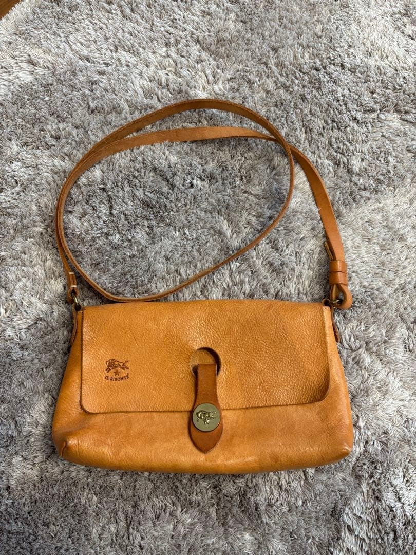IL BISONTE Concho Button 2way Leather Shoulder Bag Used Camel Color Italy