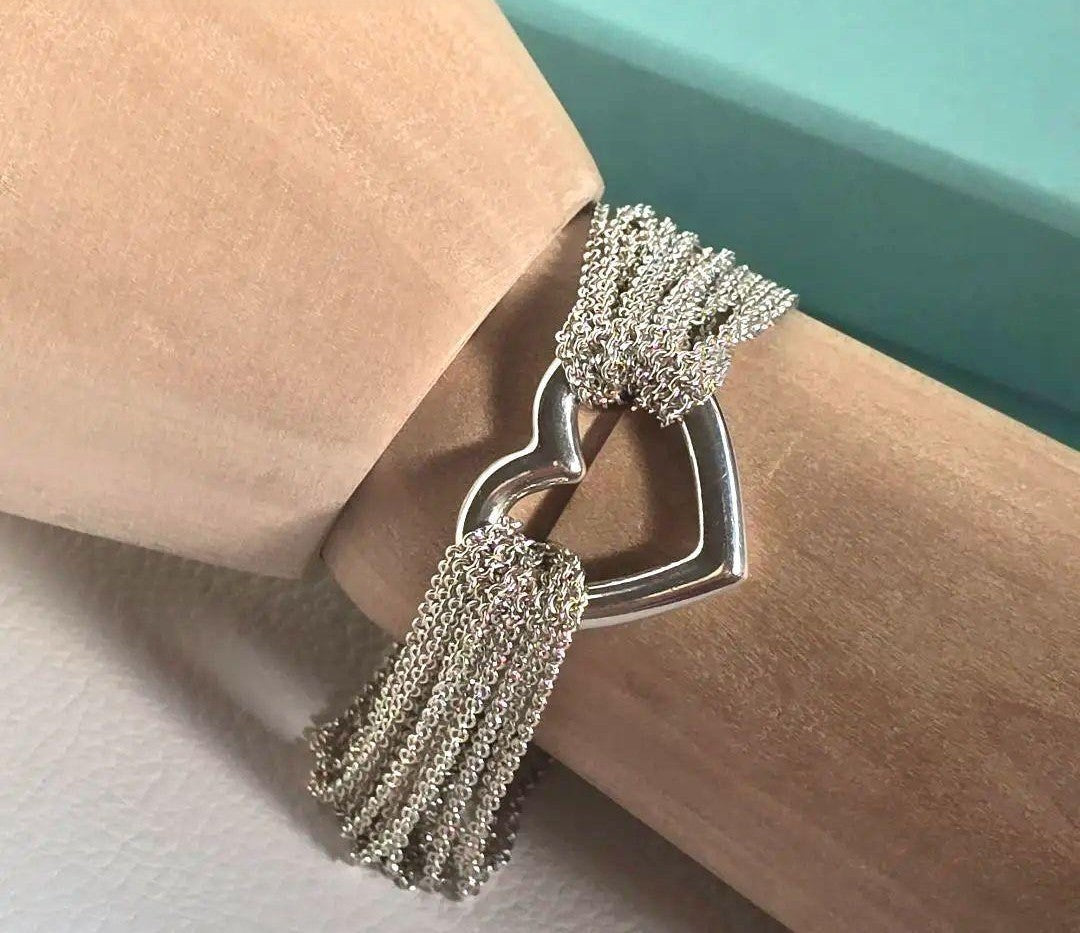 Tiffany & Co Silver 925 Open Heart 10 Row Chain Toggle Bracelet L 17cm 6.7 in