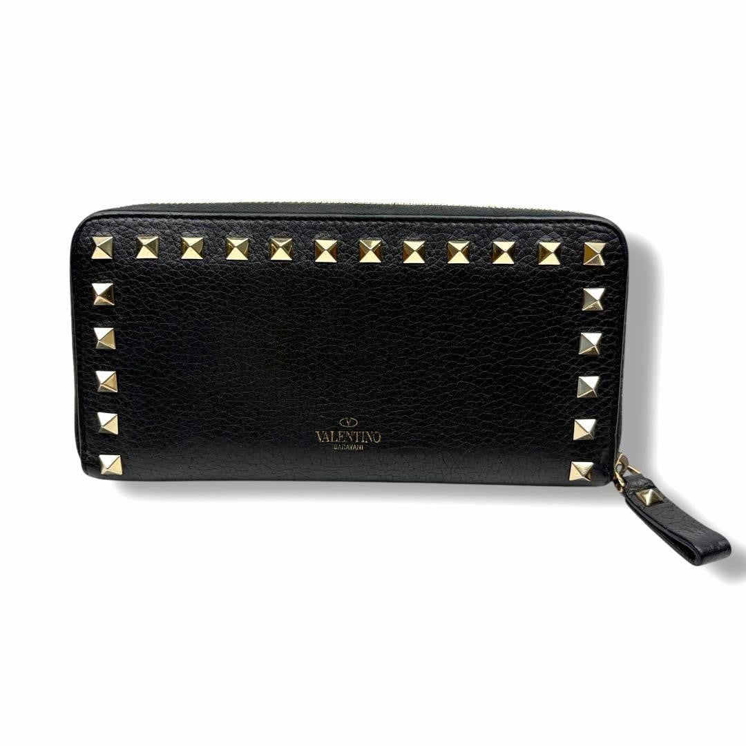 Valentino Garavani Auth Rockstud Long Zip Around Wallet Black 19x10 cm 7.5x3.9"