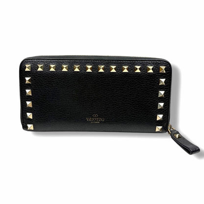 Valentino Garavani Auth Rockstud Long Zip Around Wallet Black 19x10 cm 7.5x3.9"