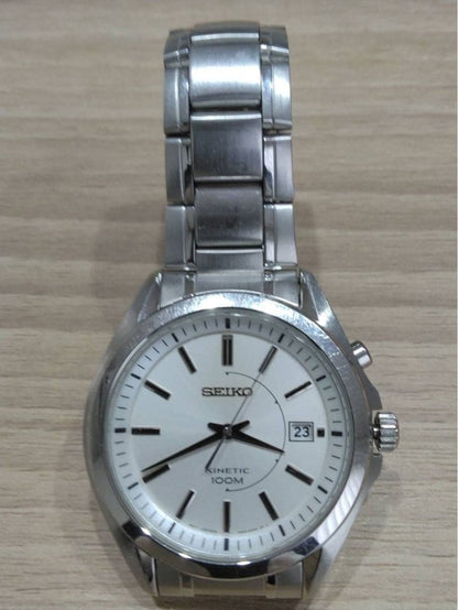 SEIKO Kinetic 5M62 0CW0 Auto Quarts Analog Date Watch Men Silver 10BAR