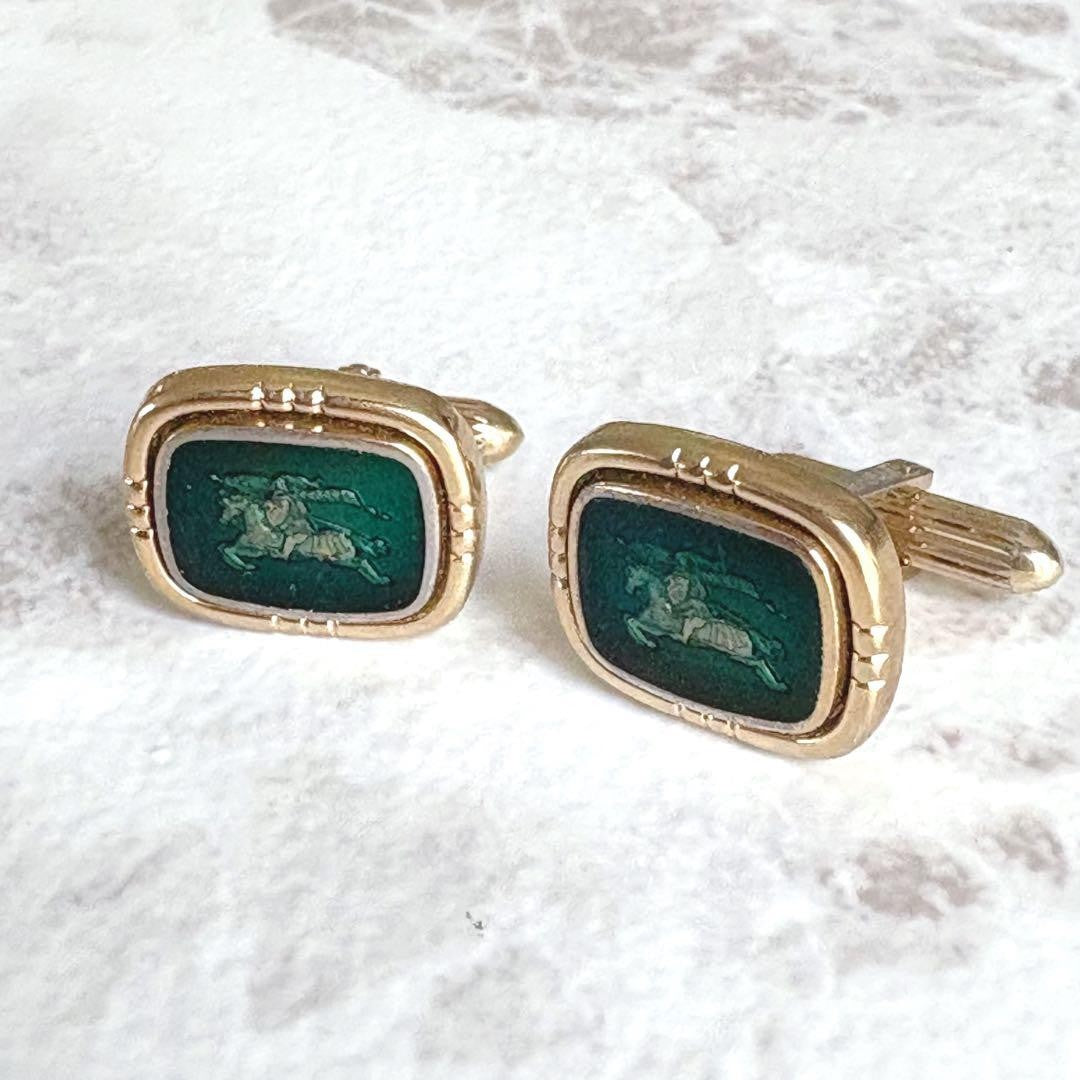 Burberrys Vtg Horse Logo Cufflinks Gold Green Shadow Knight 1.5x1.9 cm 0.6x0.7"