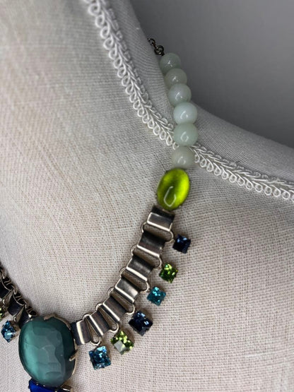 Philippe Ferrandis Green Blue Silver Bijou Chain Necklace Lobster Clasp Used