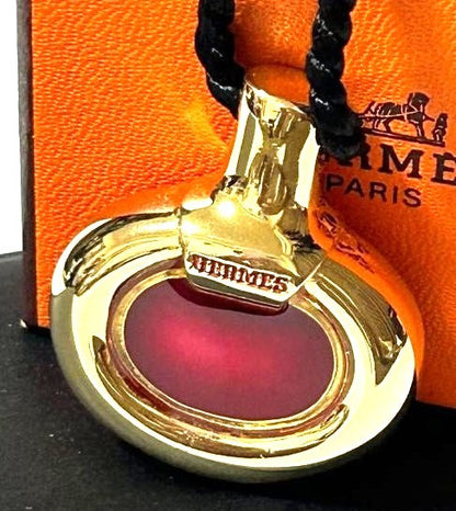 HERMES Paris Perfume Bottle Pendant Necklace Gold Bordeaux 27.6in Auth France