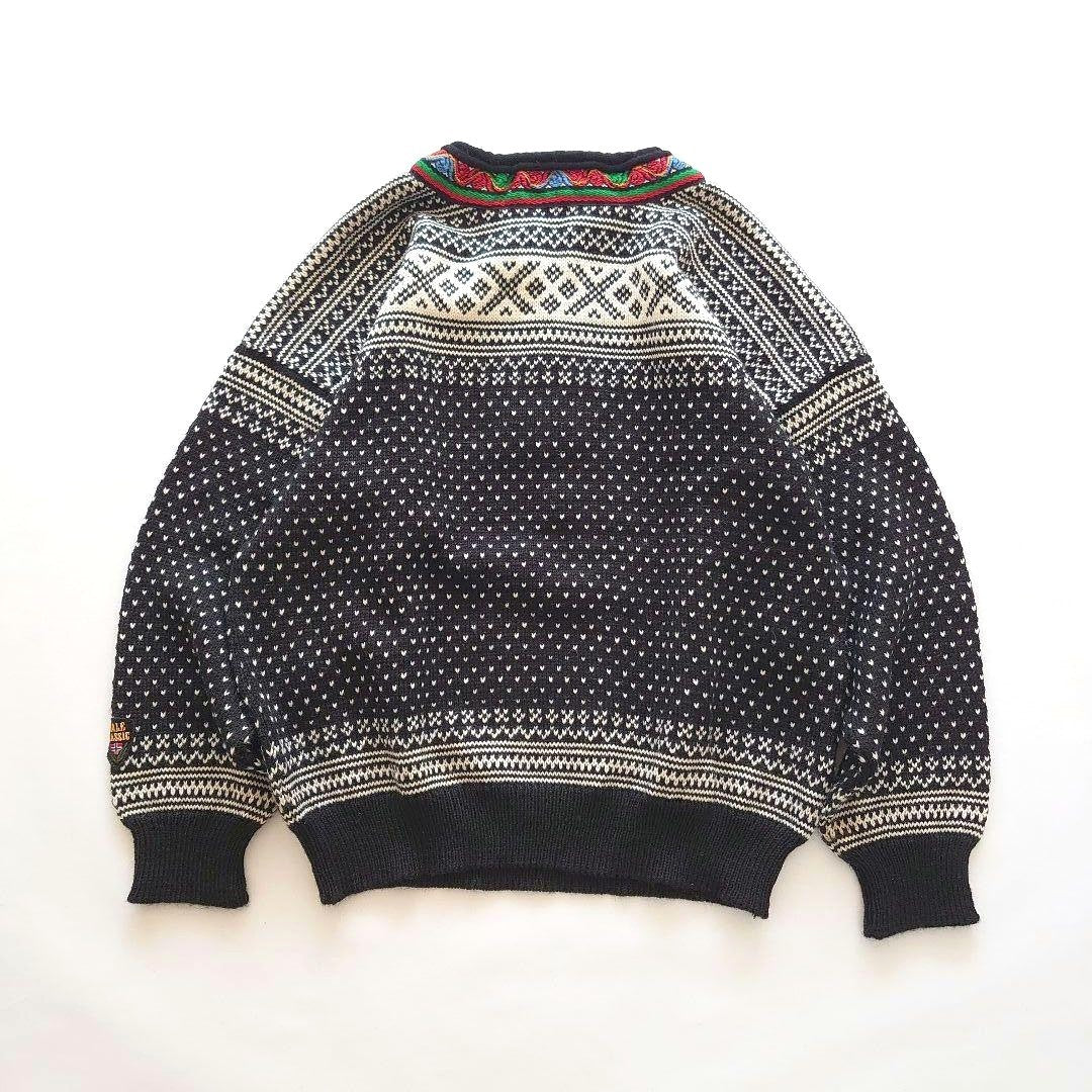 DALE OF NORWAY Nordic Sweater Men's Wool Knit Pullover Black White L Metal Clasp
