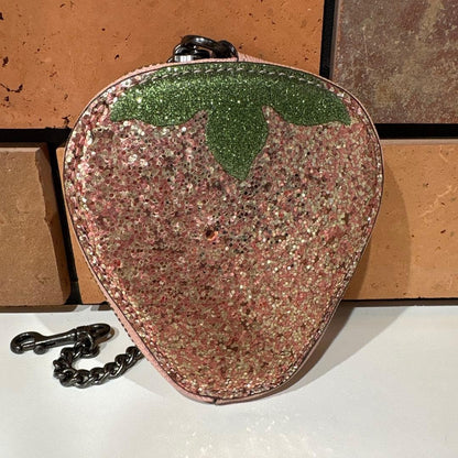 COACH Strawberry Coin Purse Case Pink Glitter Leather Bag Charm Chain Keyring