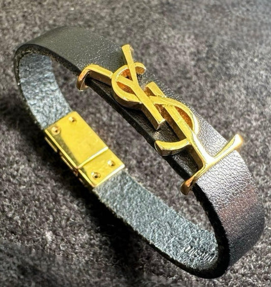 SAINT LAURENT Cassandra Gold Tone Black Leather Bracelet L 16cm 6.3in