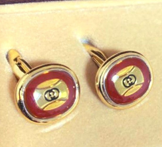 GUCCI Old Gucci Cufflinks Tie Clip Set Red Enamel Gold Tone Vintage Italy Used