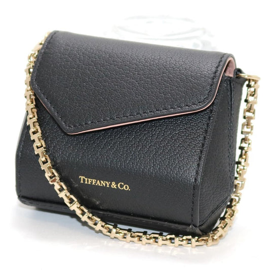 Near Mint Tiffany & Co Leather T Nano Mini Bag Pouch Black Gold Tone Chain