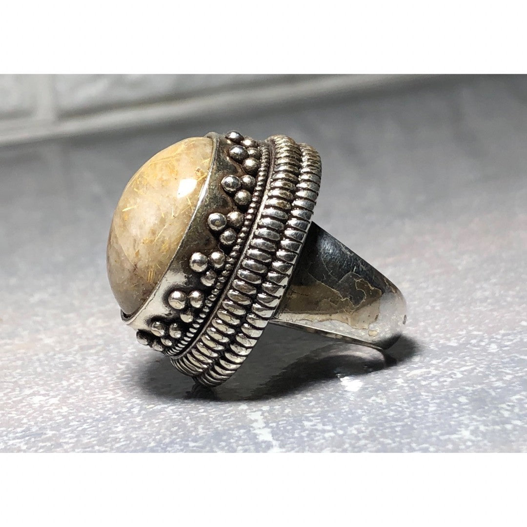 Saint Laurent Silver 925 Natural Stone Hinged Ring Size 49 US 5 Rare