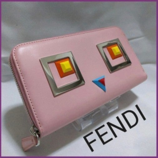 Authentic FENDI Monster Bag Bugs Eye Pink Calfskin Long Wallet Used Excellent