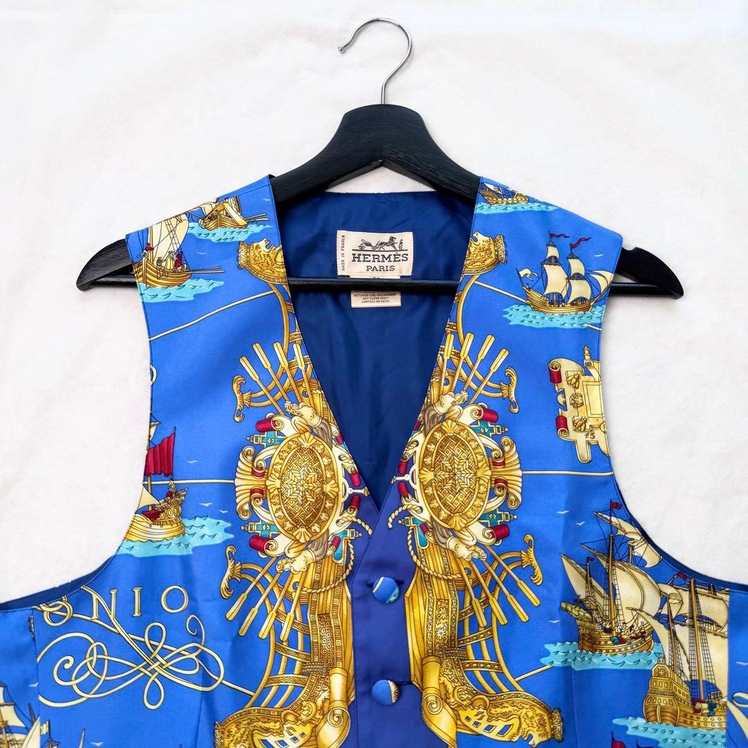 Hermes Auth Vtg Voiles et Galons Silk Scarf Print Vest Blue Size 50 Used
