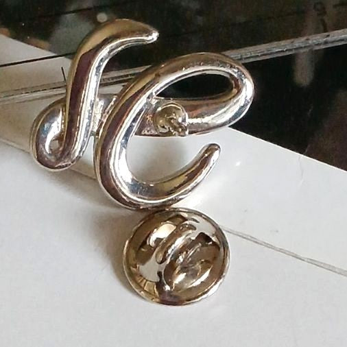 LOEWE Crystal Logo Brooch Pin Silver Tone Rhinestone L Letter Vintage Spain