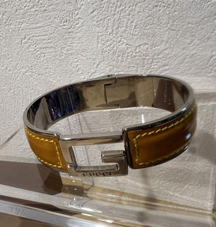 Gucci Leather Steal G Mark Bangle Yellow 18cm 7" Used Japan Authentic