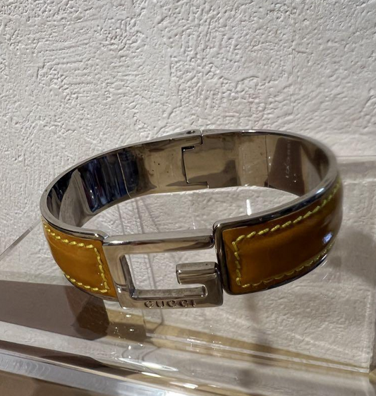Gucci Leather Steal G Mark Bangle Yellow 18cm 7" Used Japan Authentic