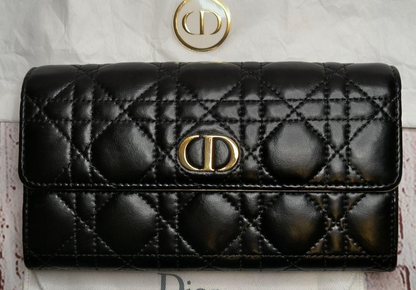 Authentic Christian Dior Canage Dior Caro Orchid Long Wallet Black Leather