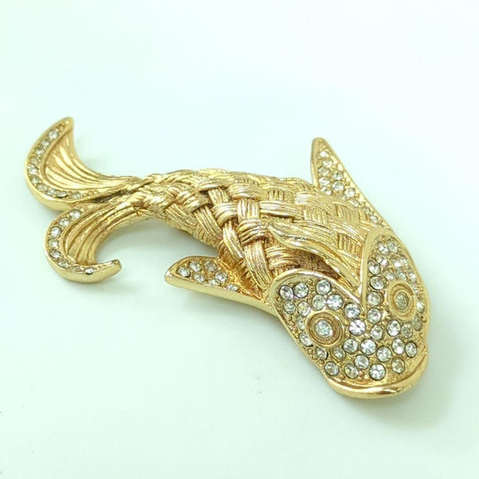 Christian Dior Rhinestone Crystal Gold Tone Koi Fish Carp Brooch From Japan