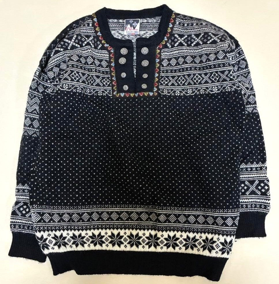 Dale of Norway Nordic Fair Isle Wool Sweater Metal Button Black White Men's L