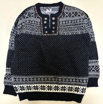 Dale of Norway Nordic Fair Isle Wool Sweater Metal Button Black White Men's L